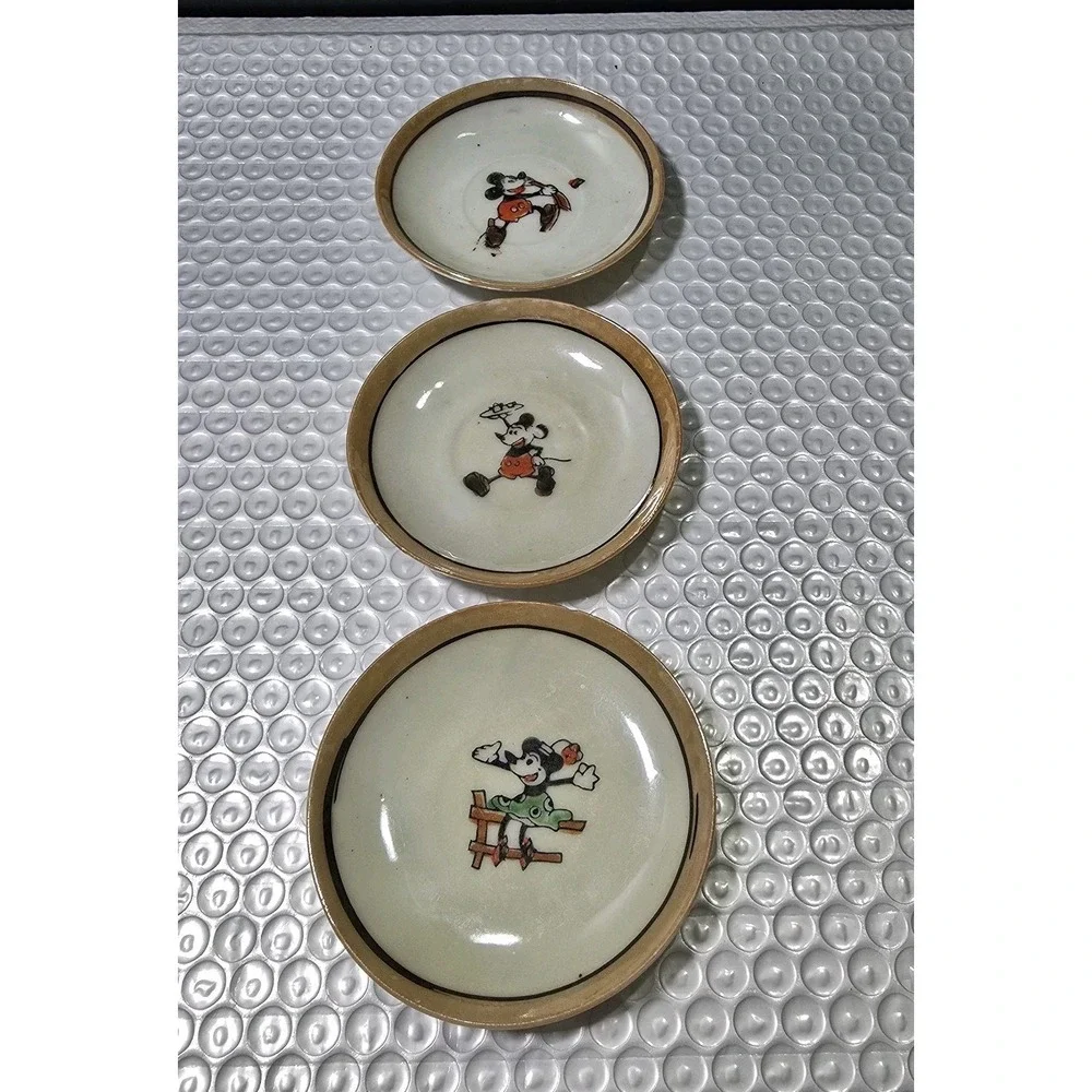 1930s Mickey Mouse Children's Lusterware Play Tea Set 3 Piece Saucer Set Vintage